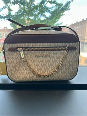 Michael Kors Beige Monogram Crossbody with Brown Trim and Gold Hardware